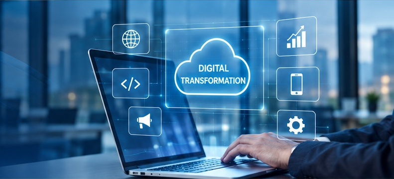 Laptop with a digital transformation cloud and web, code, marketing, analytics, mobile and settings icons